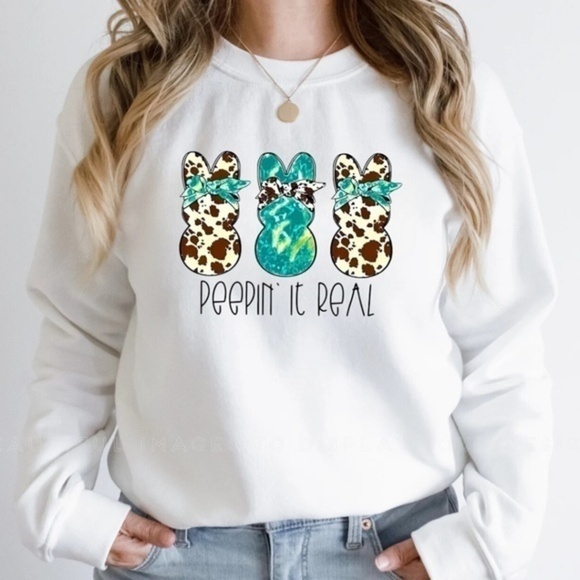 Tops - Peeping It Real Easter Cow Print White Women's Sweatshirt